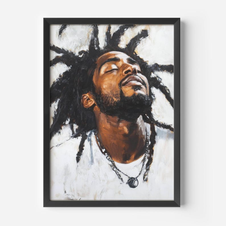 Peaceful black man portrait with locs textured afrocentric wall art modern rustic art print soulful home decor afro boho art neutral tones image 1