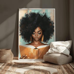 Afrocentric wall art of black Woman reading book lover canvas print literary aesthetic painting intellectual decor gift for book lovers