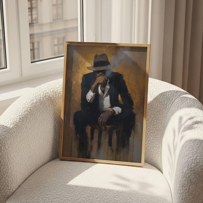 Arte mural de hombre negro con cigarro, retrato de club de caballeros moderno, pintura al óleo melancólica, decoración masculina, retrato de fumador envejecido en tonos tierra y afrocéntrico imagen 3