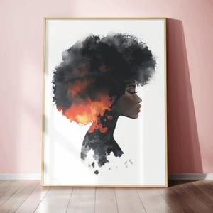 Afro Aquarell Wandkunst schwarze Frau Profil Druck minimalistisches afrozentrisches Dekor mit feurigen Haarakzenten afroamerikanische Kunst-Luxusdekor