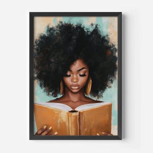 May include: A woman with long, dark curly hair is reading a book. She is wearing gold earrings and has a soft, natural look. The book is open and has a yellow cover.