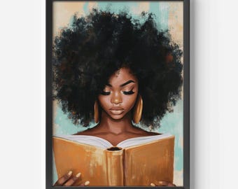 Afrocentric wall art of black Woman reading book lover canvas print literary aesthetic painting intellectual decor gift for book lovers