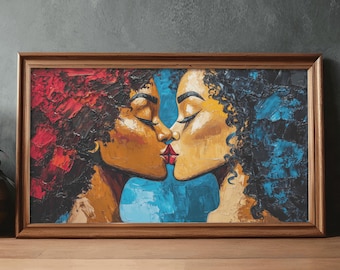 Arte murale con bacio e amore nero, ritratto di donna nera astratta, stampa artistica, donne nere innamorate, arte del gay pride, opera d'arte lesbica, decorazione colorata, regalo
