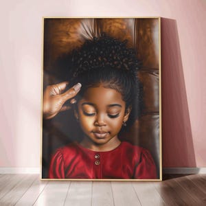 Madre e figlia arte nera, tenero momento di intreccio dei capelli, decorazione murale afrocentrica, stampa di amore genitoriale nutriente, legame familiare, arte dei capelli neri