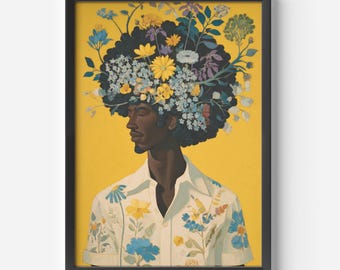 Arte mural afrocéntrico, retrato de hombre negro con cabello floral, arte botánico amarillo, impresión artística moderna negra, decoración de lujo afro boho para el hogar, regalo