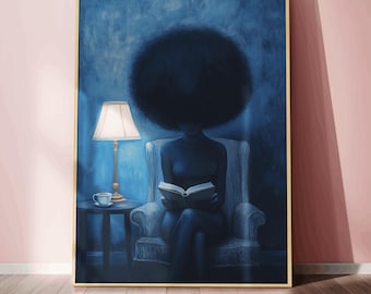 Schwarze Frau liest – Wandbild, afrozentrischer Buchliebhaber-Druck, literarische Ästhetik, intellektuelles Dekor, stimmungsvoller blauer Kunstdruck