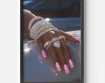 luxury black girl poster pink nails diamond jewellery print bling aesthetic wall art black girl art for dorm room decor barbiecore pinkcore