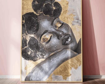 Gold Afro Woman Wall Art Elegant Afrocentric Portrait in Grayscale Metallic Accents Black Woman Wall Art For Living Room Luxury Home Decor