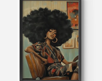 black hair shop art vintage 70s hair afro art poster luxury afrocentric home decor empowering african american woman art retro boho gift