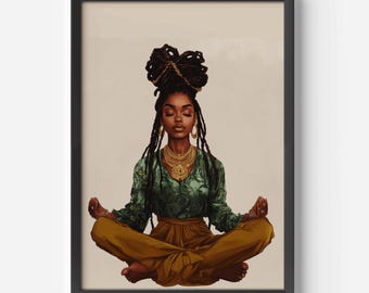 african american woman meditation art digital download black girl yoga artwork boho mindfulness wall art printable ethnic spiritual print