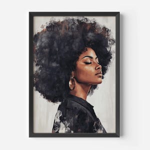 May include: A painting of a woman with dark brown skin and a large afro. She is wearing a black shirt and has a gold earring in her left ear. The background is a light brown color.