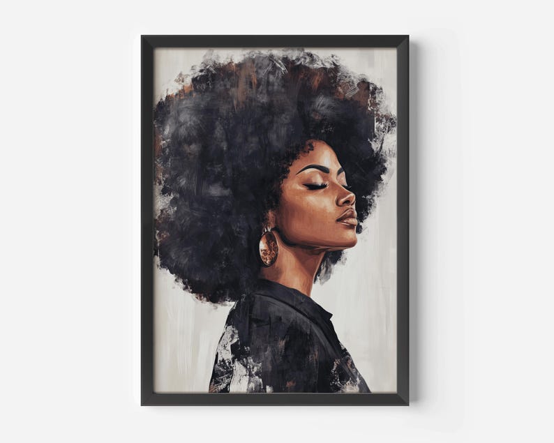 May include: A painting of a woman with dark brown skin and a large afro. She is wearing a black shirt and has a gold earring in her left ear. The background is a light brown color.