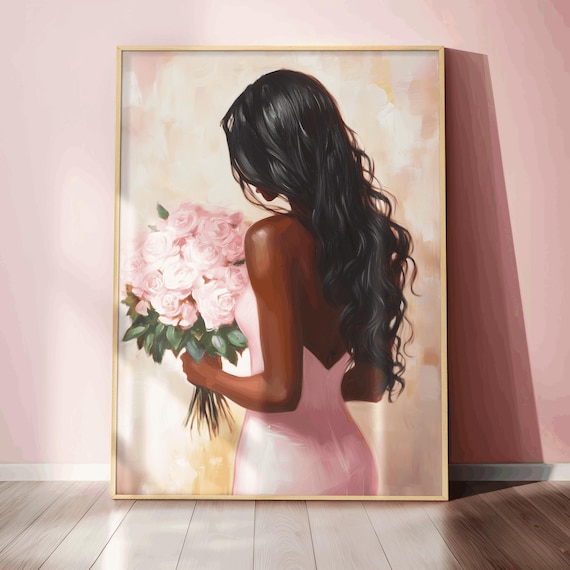 luxury black woman wall art pink roses art elegant home decor romantic afrocentric floral art luxe aesthetic pinkcore gift for her