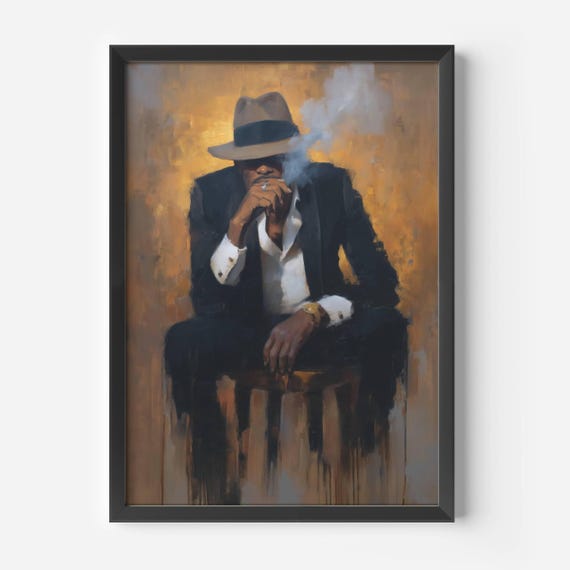 Black Man Cigar Wall Art Modern Gentleman Club Portrait Moody Oil Painting Masculine Decor Afrocentric Earthy Tone Aged Smoking Portrait