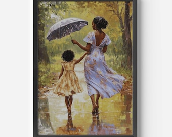 Black mother daughter art gift black love painting African American art print rainy day wall art family love gift for mom nursery decor