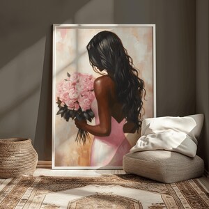 May include: A painting of a woman with long black hair holding a bouquet of pink roses. She is wearing a pink dress and is looking down at the flowers.