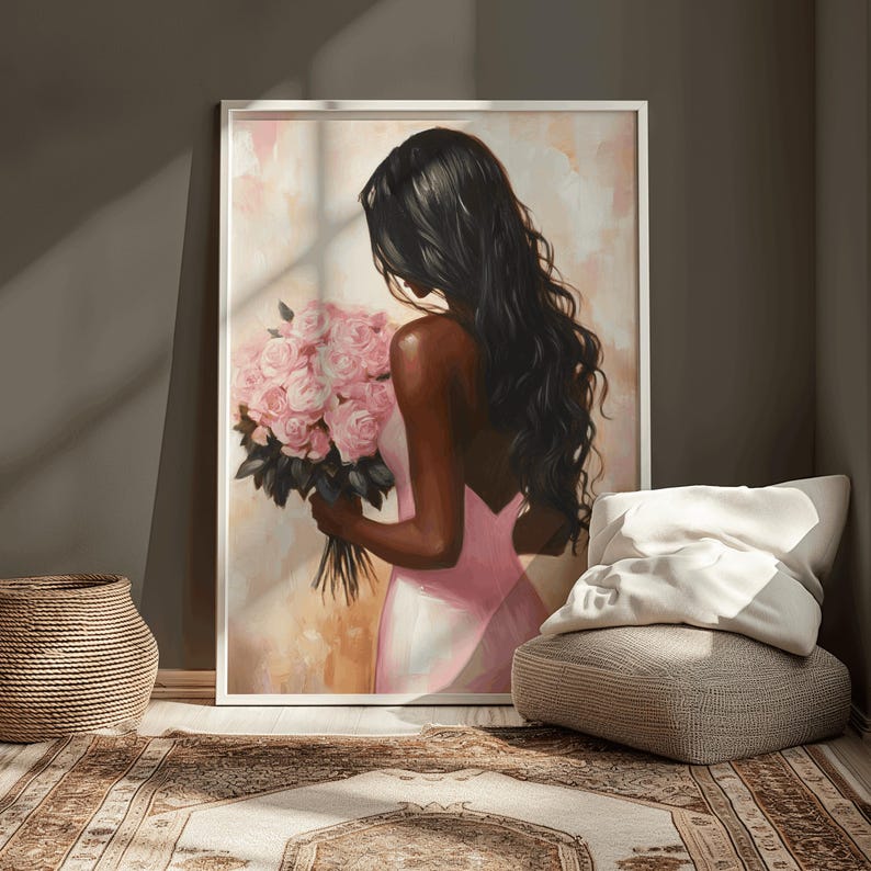 May include: A painting of a woman with long black hair holding a bouquet of pink roses. She is wearing a pink dress and is looking down at the flowers.
