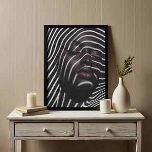 Monochrome Black and White Striped Portrait Canvas Print Minimalist Wall Art Modern Black Woman Decor Abstract Artwork Gift Idea