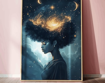 May include: A digital painting of a woman with a large afro. The woman's hair is filled with a swirling galaxy of stars and light. The background is a dark blue with clouds and stars.