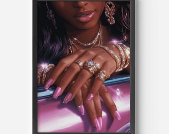 luxury black girl art pink nails diamond jewellery print bling aesthetic wall art black girl poster for dorm room decor barbiecore pinkcore