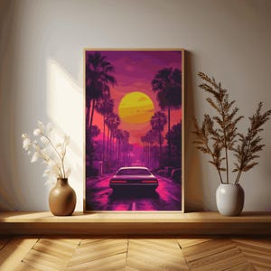 Retro Sunset Canvas Art – Vibrant Neon Palms and Vintage Car Scene For Nostagic 80s Theme Interiors and Hollywood Lovers