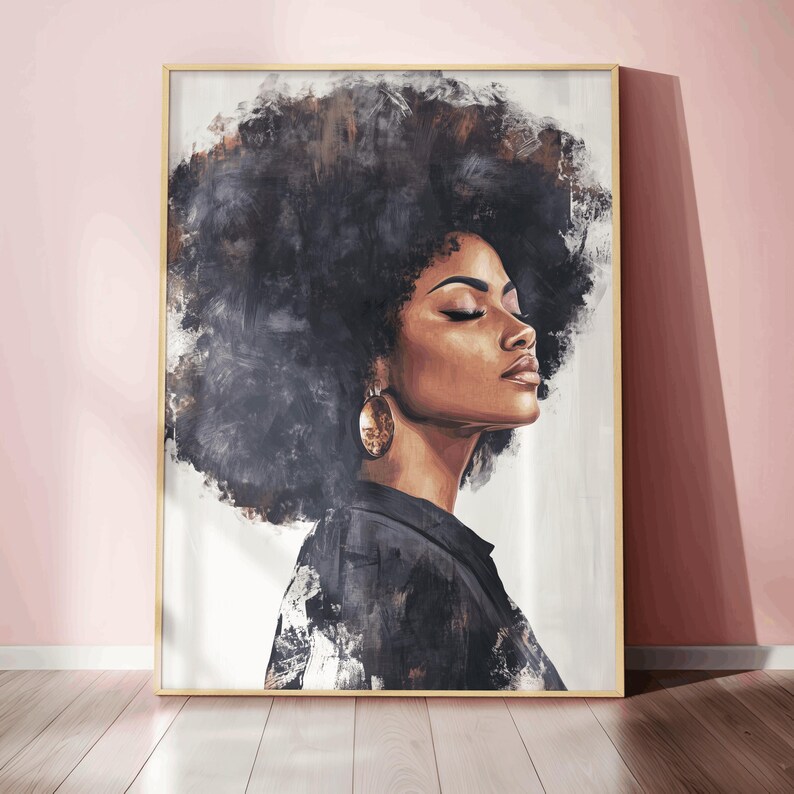 May include: A painting of a woman with a large afro hairstyle. She is wearing a black shirt and has her eyes closed. The background is a white canvas with a hint of light blue.