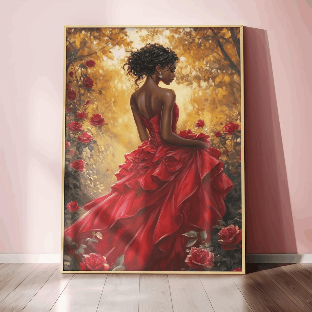 Black Woman in Red Dress Wall Art Elegant Floral Afrocentric Art Work ...