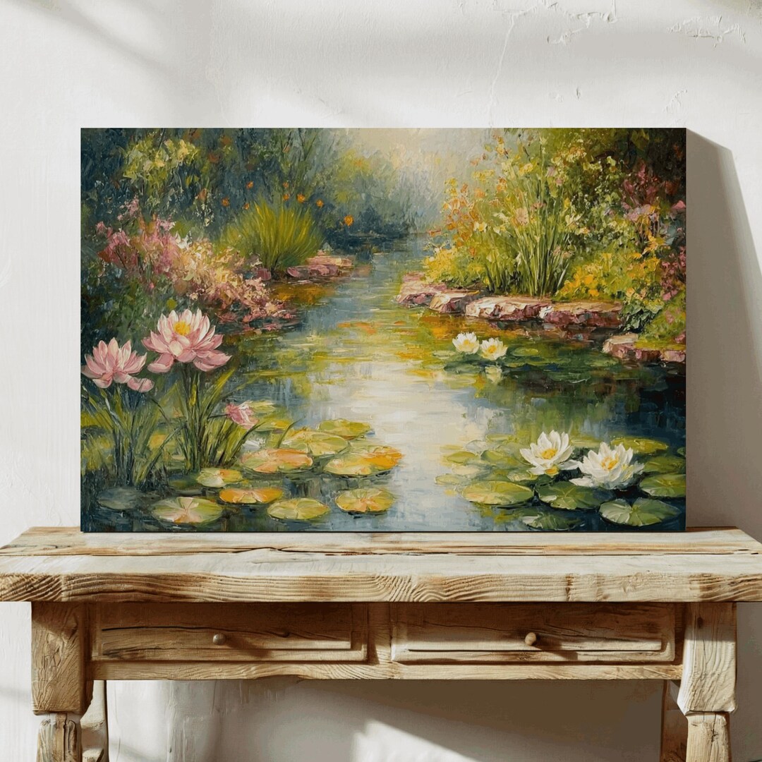 Serene Water Lily Pond Canvas Wall Art – Vibrant Oil Painting of ...