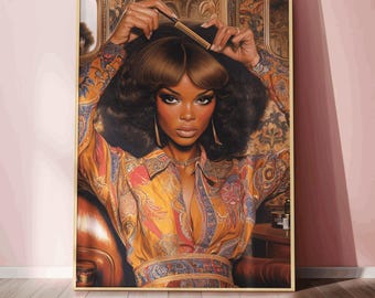 70s glam black hair art vintage hair blowout art poster luxury afrocentric home decor african american woman hair shop art retro glam gift