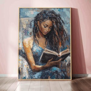 black woman reading wall art afrocentric book lover locs art  print literary aesthetic painting intellectual decor gift for book lovers