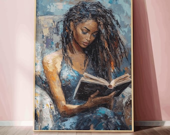 black woman reading wall art afrocentric book lover locs art  print literary aesthetic painting intellectual decor gift for book lovers