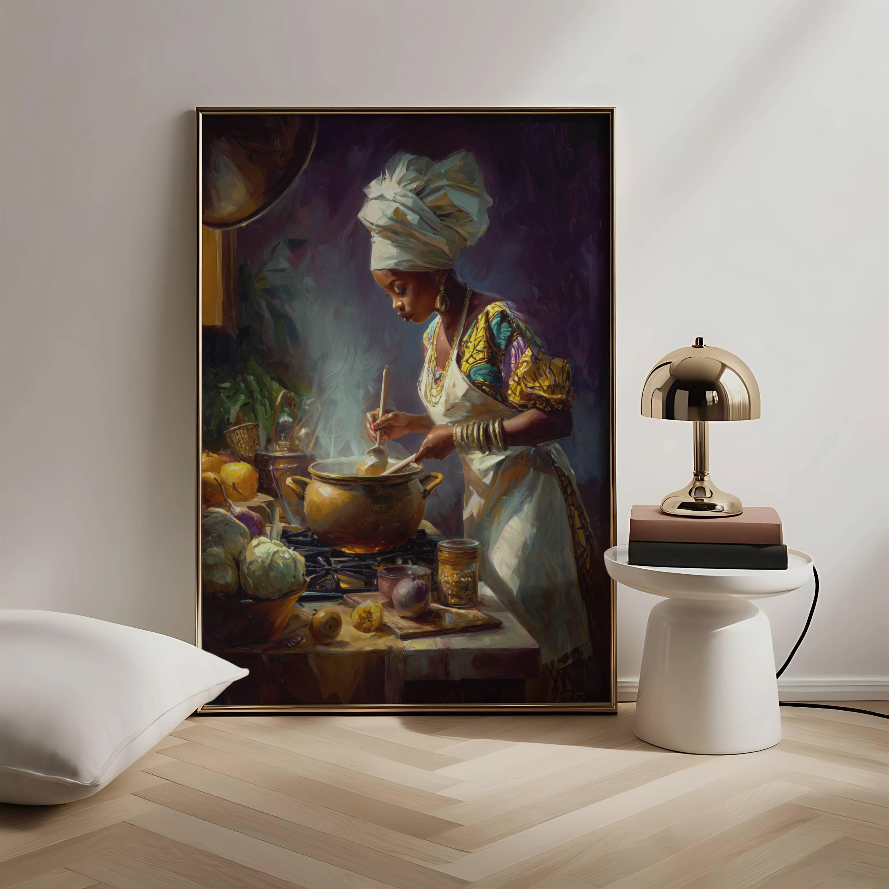 African Woman Cooking Scene Wall Art Afrocentric Kitchen Decor Rustic ...