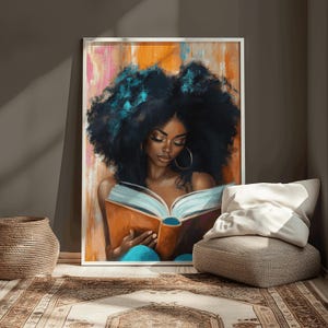 black woman reading wall art afrocentric book lover canvas print literary aesthetic painting intellectual decor gift for book lovers