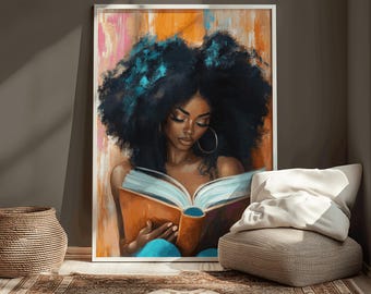 black woman reading wall art afrocentric book lover canvas print literary aesthetic painting intellectual decor gift for book lovers