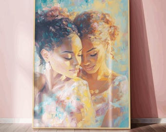 Black Lesbian Couple Art Intimate Romantic Portrait LGBTQ+ Love Wall Print Black Love Art Anniversary Gift Queer Home Decor