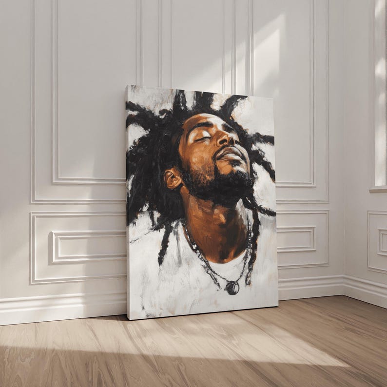 Peaceful black man portrait with locs textured afrocentric wall art modern rustic art print soulful home decor afro boho art neutral tones image 5