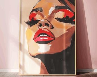 Ritratto di donna nera, decorazione murale moderna afrocentrica, potente opera d'arte femminile, labbra rosse, regalo estetico per ufficio domestico