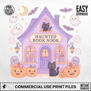 Haunted Fall Bookstore PNG, Trendy Cute Halloween Spooky Ghosts Cozy Bookish Library Sublimation Design for Stickers and Shirts