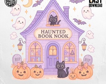 May include: A whimsical illustration of a purple haunted house with the text "HAUNTED BOOK NOOK". The image features pumpkins, ghosts, bats, and a black cat. The words "COMMERCIAL USE PRINT FILES" and "INSTANT DOWNLOAD" are also present.