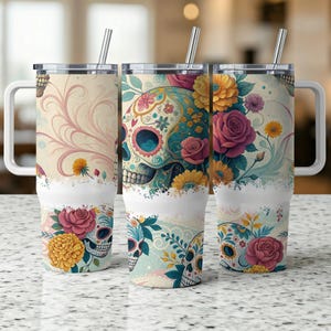 40oz Skull Tumbler Wrap, Skull and Roses Sublimation Design Digital Download PNG, Skeleton 40oz Sublimation Wrap, floral digital PNG 40oz