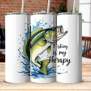 Fishing is My Therapy 20 oz Skinny Tumbler Wrap Sublimation Design Digital Download Funny Fisherman PNG Digital Design