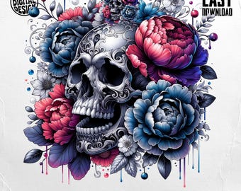 Diseño de sublimación de calavera floral: Clipart de flores y esqueleto (archivo PNG de descarga digital)
