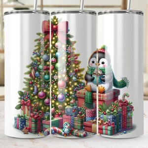 Christmas Penguin Tumbler Wrap Digital PNG, Festive Holiday Tree Design, Cute Penguin and Christmas Presents Tumbler Wrap