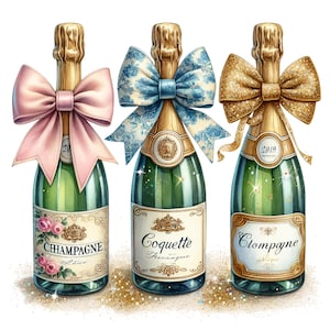 Champagne Bottles with Coquette Bows | Social Club Watercolor Design | Preppy Design | Sublimation Design | Grandmillennial PNG
