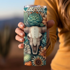 Boho Aztec 20oz tumbler wrap, 20 oz Western Bull Skull sublimation design, Rustic Watercolor Cactus Tribal Pattern Tumbler Wrap Png