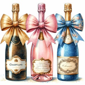 Watercolor Champagne Bottles with Coquette Bows | Social Club Watercolor Design | Preppy Design | Sublimation Design | Grandmillennial PNG