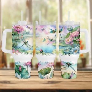 Floral Dragonfly 40Oz Tumbler Wrap, Dragonflies Sublimation Tumbler Design, Lotus 40Oz Png Digital Download, Flowers Nature 40Oz Tumbler