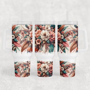 Pastel Flower Wrap for 40oz Tumbler, Boho Floral PNG Tumbler Design, Feather Sublimation Designs Downloads for 40 oz Tumbler
