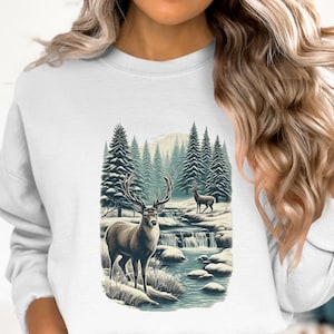 Retro Deer Wilderness Scene Sweatshirt, Nineties Vintage Buck And Doe Deer Shirt, Boho 90s Nostalgia Crewneck Sweatshirt