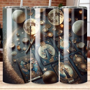 Celestial Tarot Tumbler Wraps PNG, Moon Phases Design, Witchy Aesthetic Tumbler, 20oz Skinny Tumbler Wrap, Astrology Gift Idea